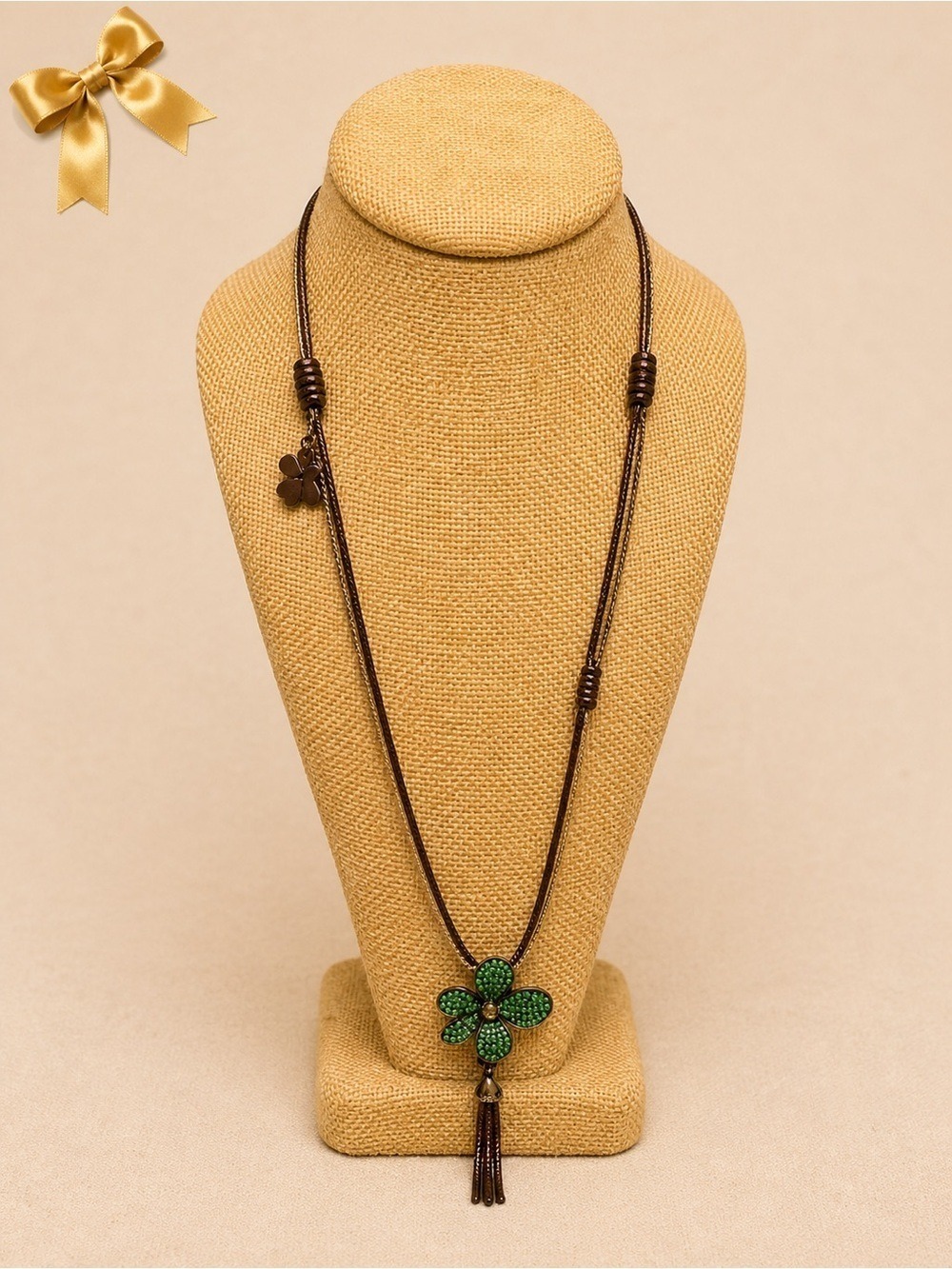 Corded Boho Necklace Green Floral Pendant Tassel 24 in